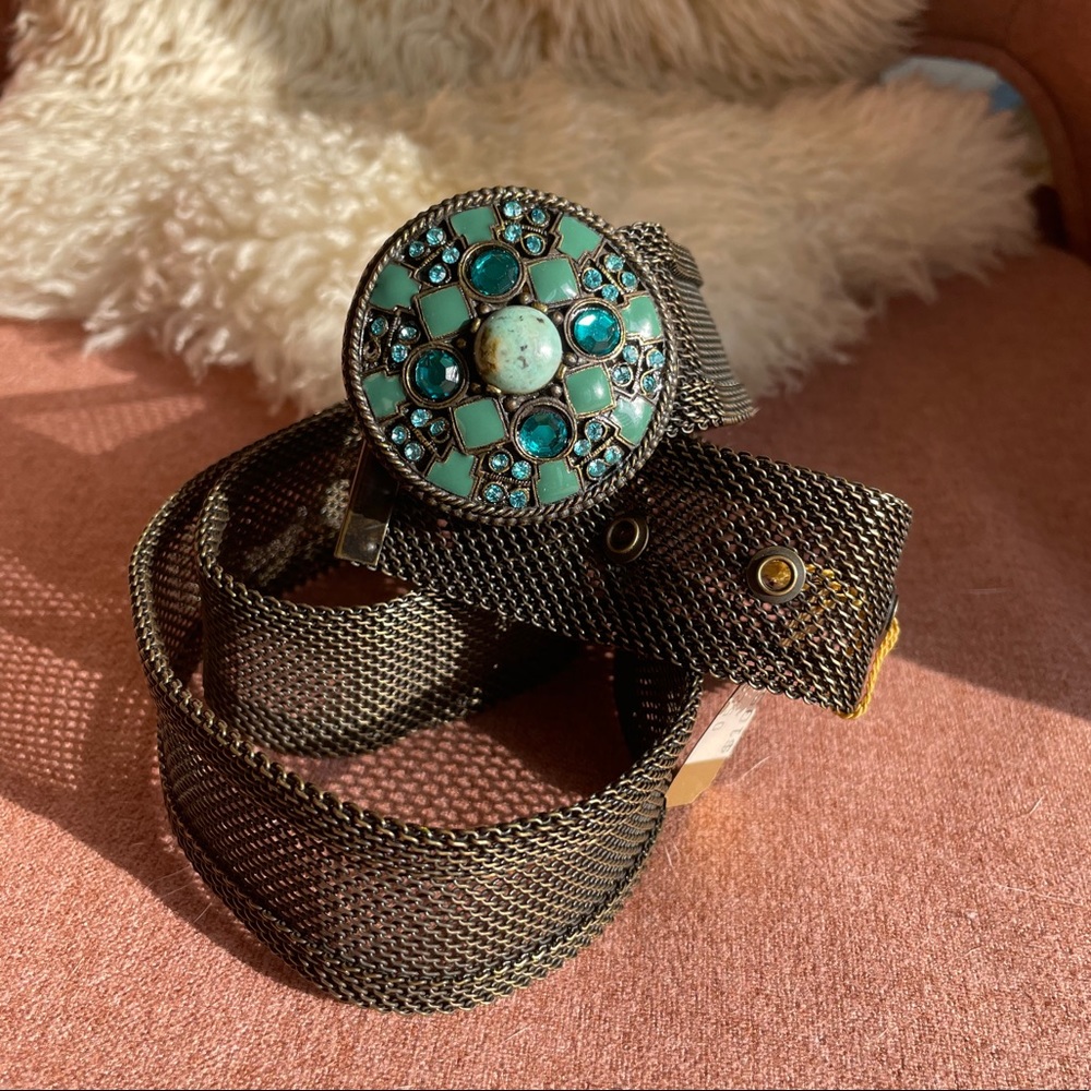 Vintage Metallic Mesh Belt W Aqua Jeweled Buckle.